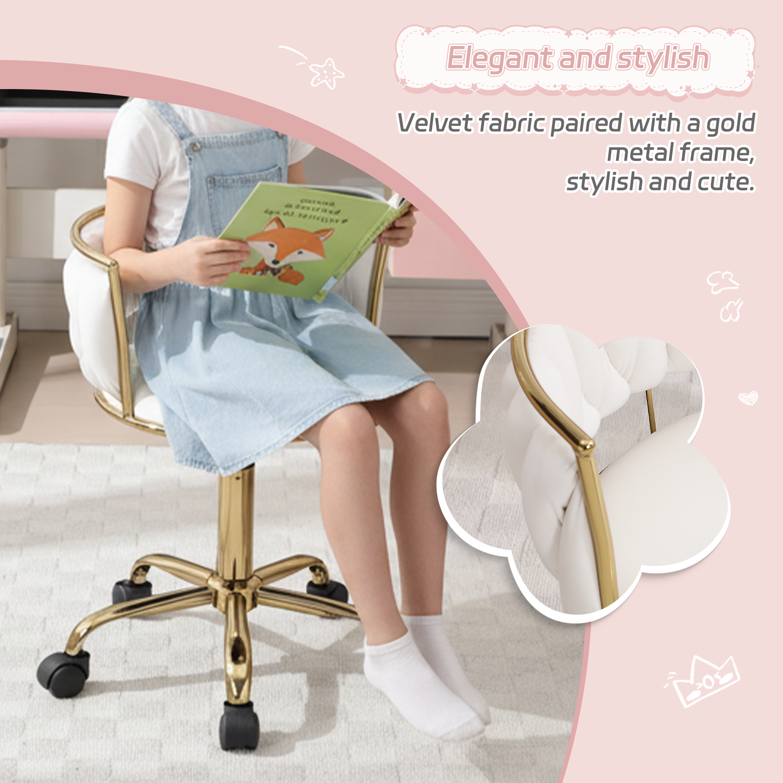 Guyou Kids Desk Chair, Velvet Rolling Swivel Children Chair, Adjustable Student Task Chair, Curved Woven Backrest Vanity Chair for Bedroom Dormitory Children Gifts, White