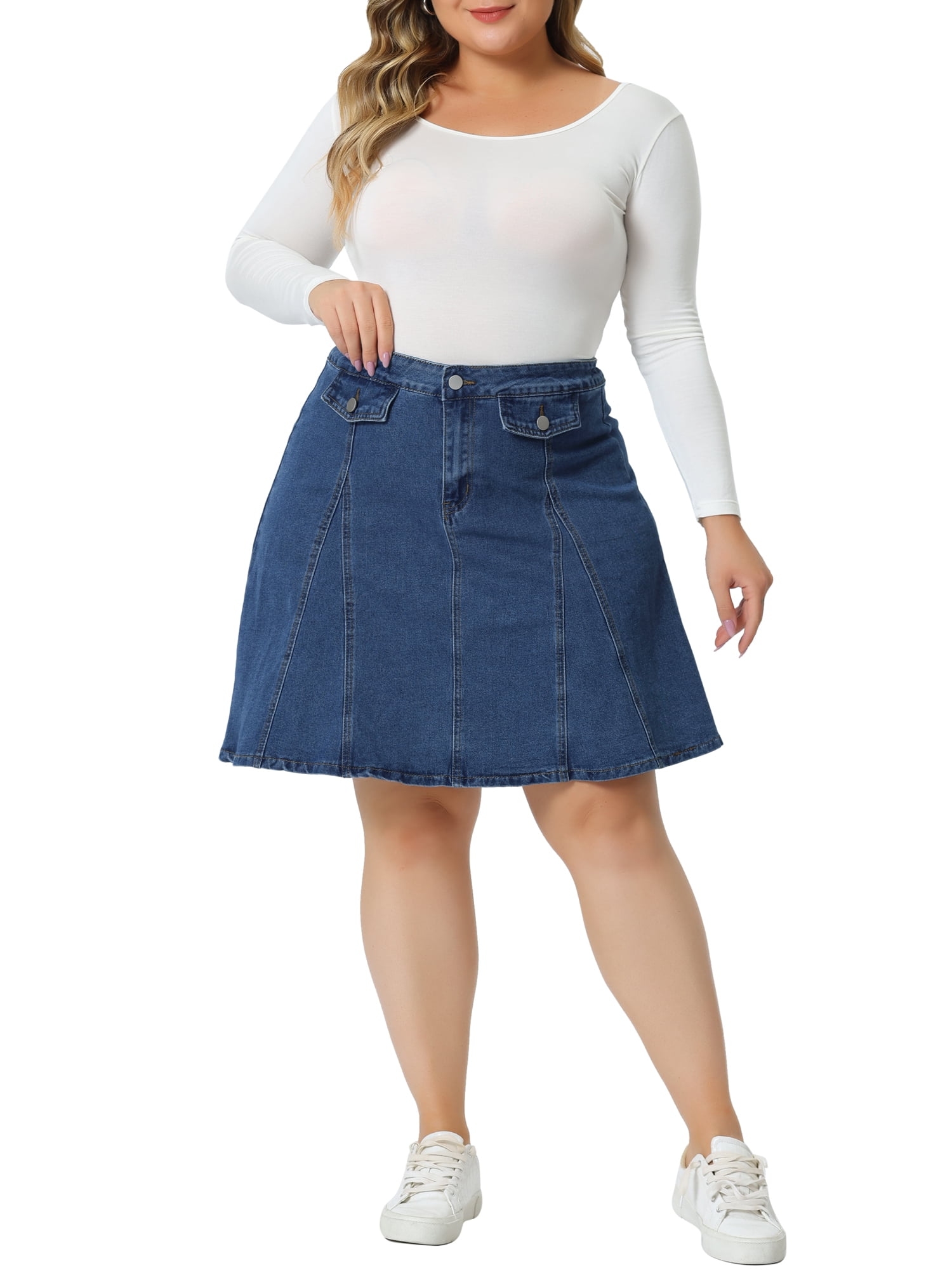 Unique Bargains Women's Plus Size Denim A-line Jean Buttons Faux Pockets Mini Skirts 4X Mid Blue
