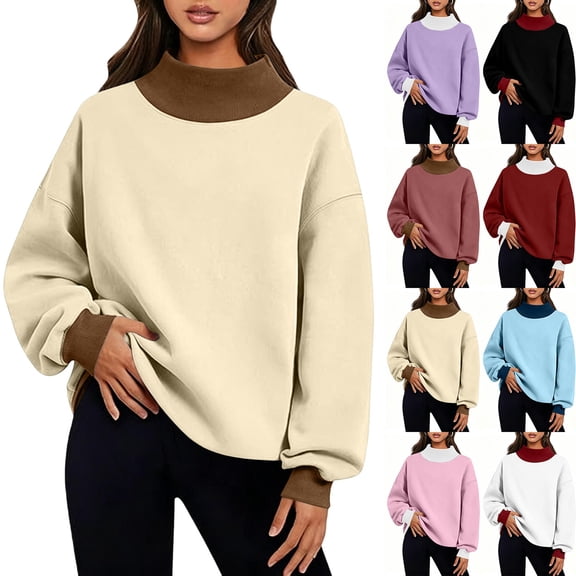 Women's Color Block Sweatshirts Casual Trendy Loose Turtleneck Long Sleeve Pullover Solid Blouse Sweatshirt Tops
