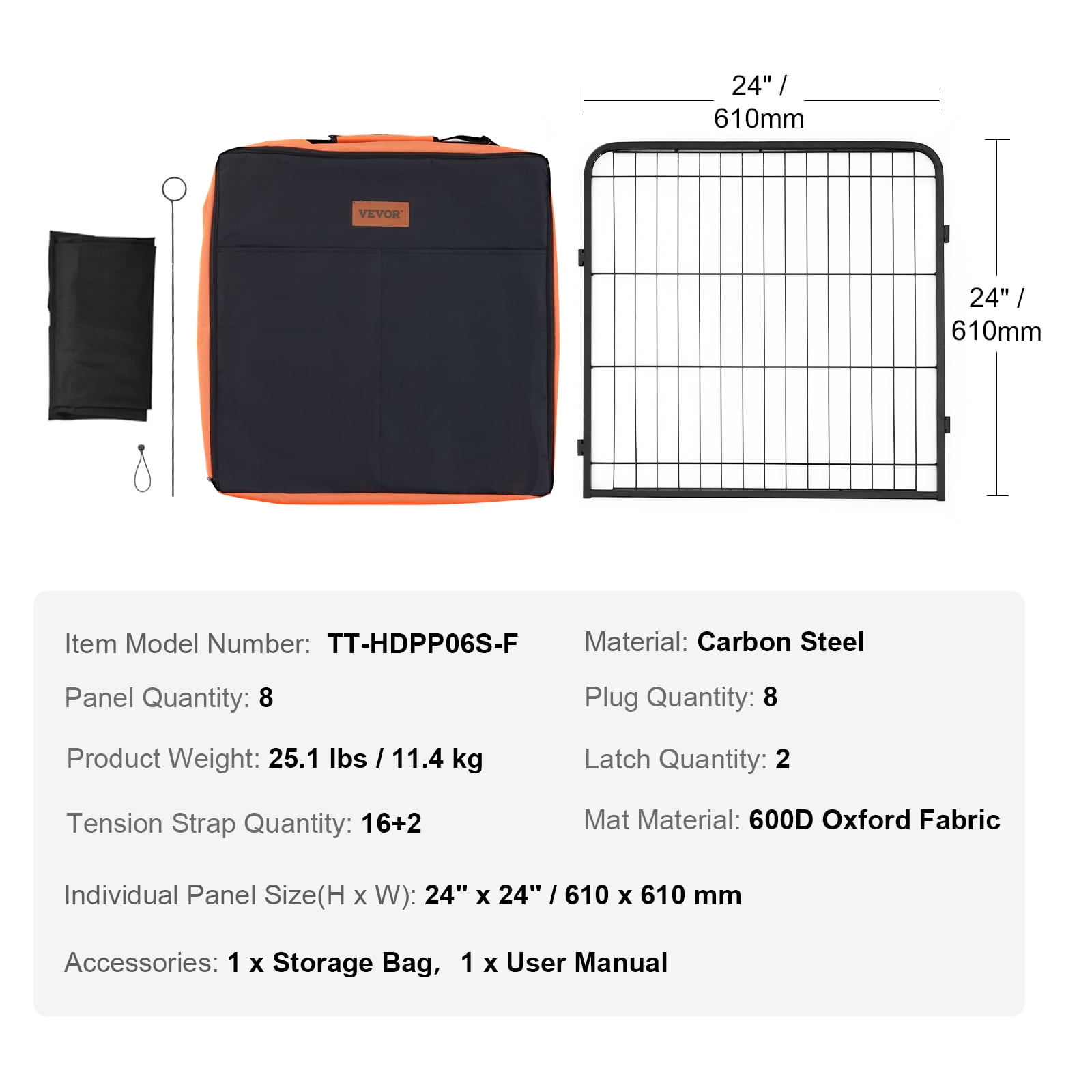 VEVOR Dog Playpen, 8 Pcs 24 x 24 in Panels Foldable Metal Pet Exercise Pen, Dog Fence Indoor and Outdoor Pen with Door, Storage Bag and Bottom Pad, Pet Playpen for Dogs, Cats and Other Small Animals