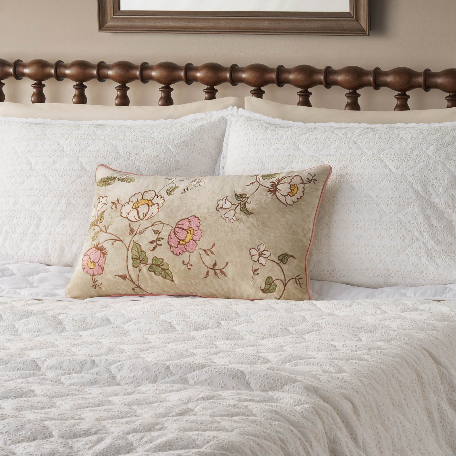 The Pioneer Woman Beige Velvet Embroidered Floral Decorative Lumbar Pillow, 14 in x 24 in