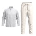 thumbnail image 4 of Mens Loungewear Sets Men's Long Sleeve Button Shirt and Full Length Pants Solid Color Breathable Linen Two Piece Set for Home Yoga Casual Wear Outdoor Beach Lightweight White XXL, 4 of 6