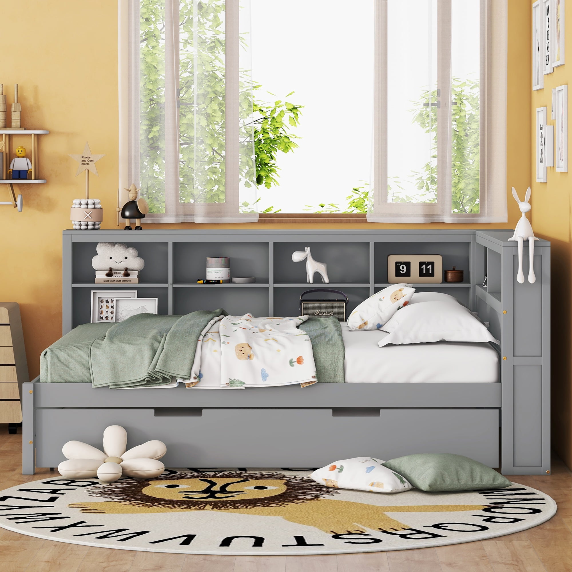 Mintazer Modern Full Daybed Frame with Twin Trundle, Charging Station & Shelves for Bedroom, Grey