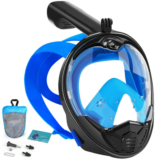 Full Face Snorkel Mask-Diving Mask 180 Panoramic View Easy Breath, Anti-Fog Detachable Camera Mount Dual Snorkeling Gear Perfect for Diving & Swimming Black+Blue L/XL - Walmart.com