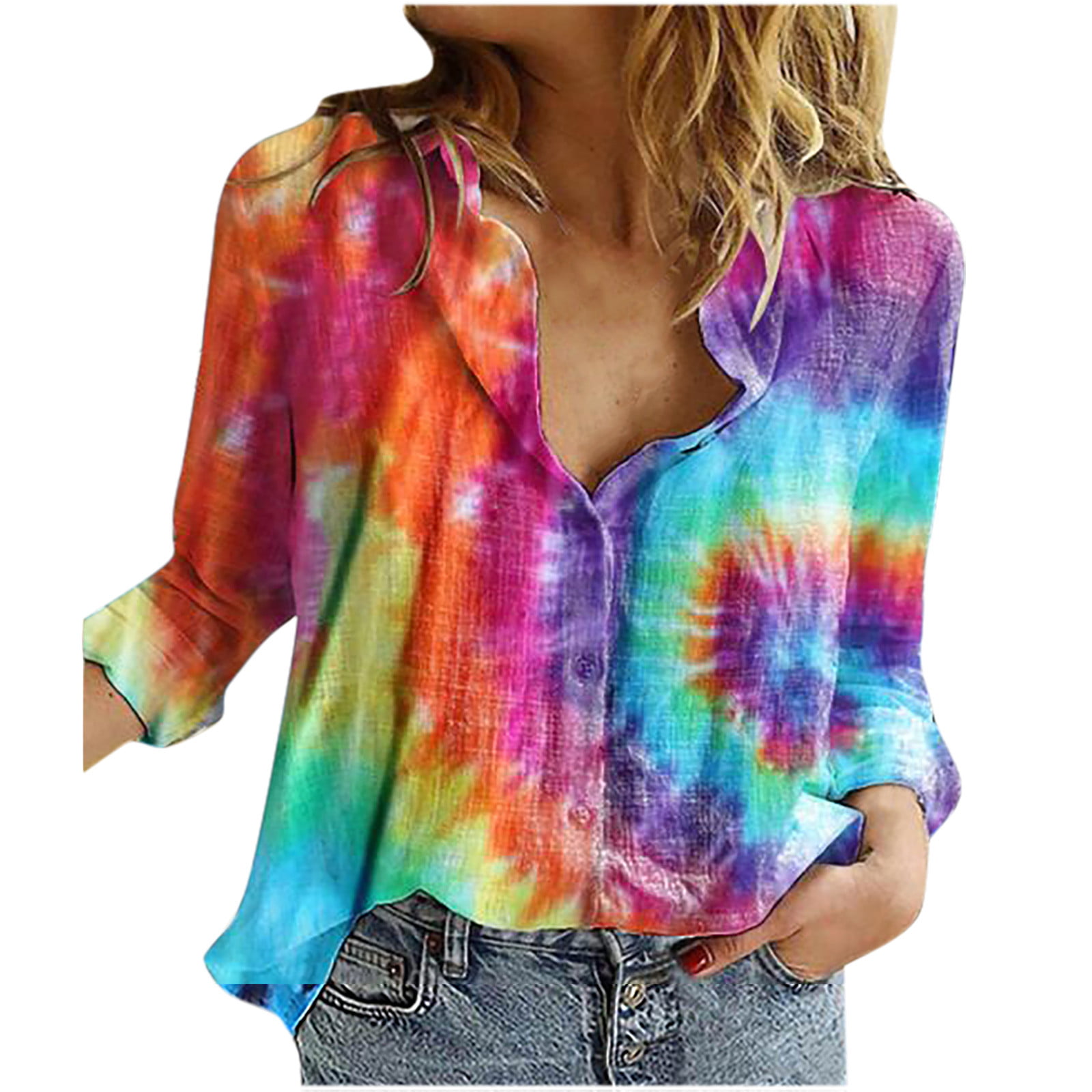 Meikosks Womens Tie Dyeing T Shirt Plus Size Tops Long Sleeve V-Neck Blouses Casual Loose Tunic 