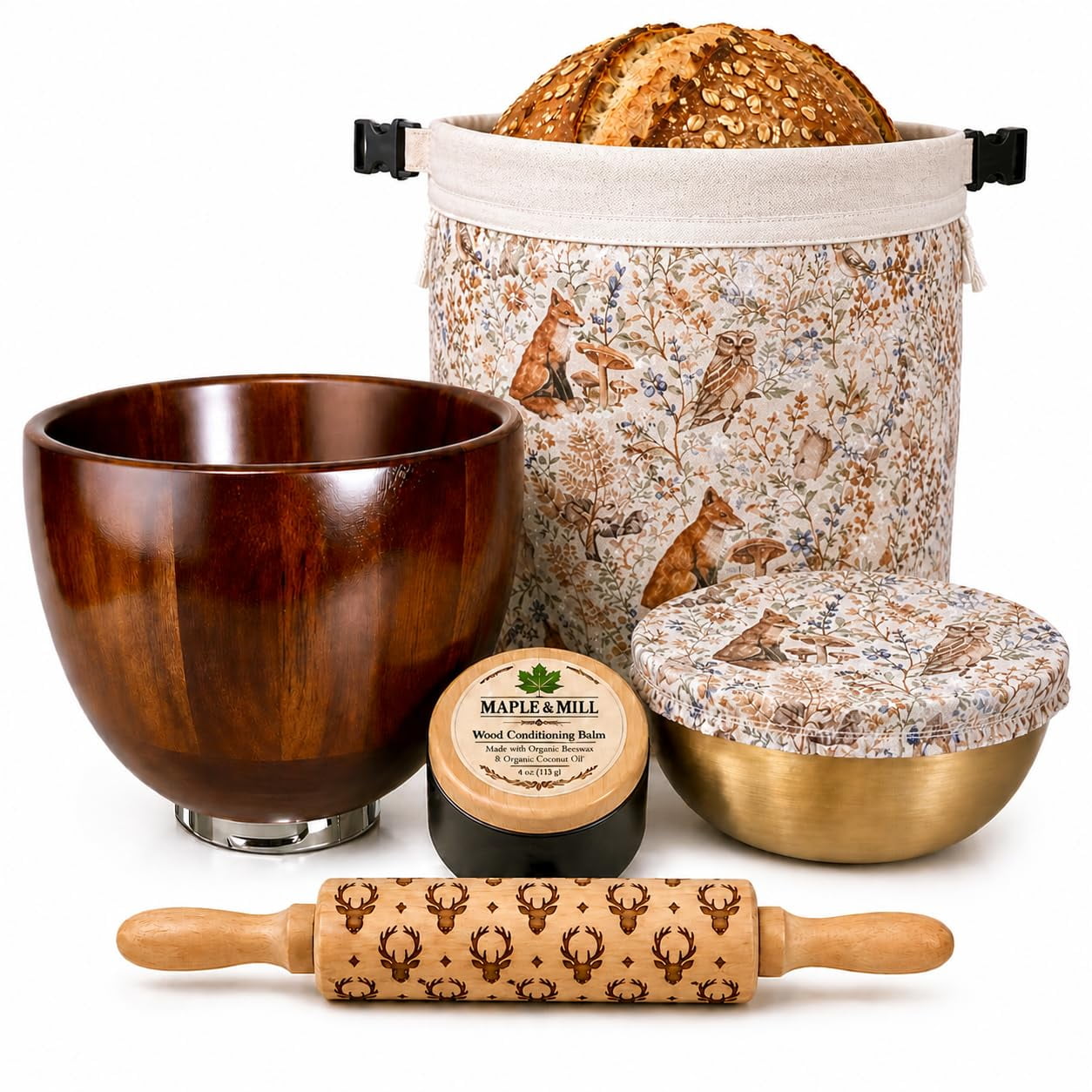 Acacia Wood Mixing Bowl - Compatible with KitchenAid 4.5-5Qt Tilt Head Stand Mixers - Embossed Rolling Pin - Beeswax Bread Bag & Bowl Cover - Wood Conditioning Balm