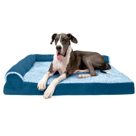 UPC: 0842229123760 | FurHaven Pet Products Two-Tone Faux Fur & Suede Deluxe Orthopedic Chaise Lounge Pet Bed for Dogs & Cats – Marine Blue Jumbo Plus