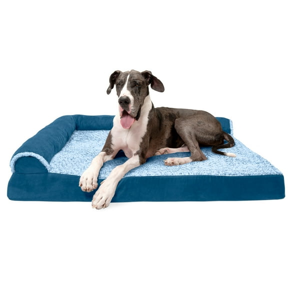 FurHaven Pet Products Two-Tone Faux Fur & Suede Orthopedic Deluxe Chaise Lounge Pet Bed for Dogs & Cats - Marine Blue, Jumbo Plus