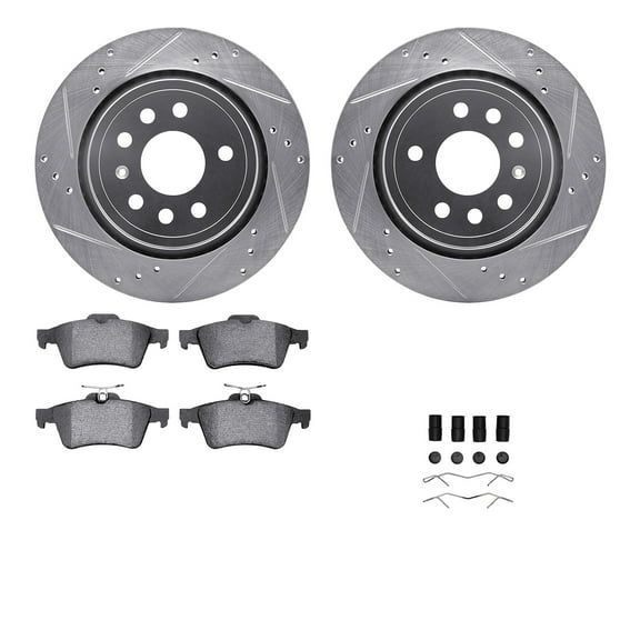 Dynamic Friction Company Rear Brake Rotors-Drilled and Slotted-Silver with 5000 Advanced Brake Pads includes Hardware 7512-65018