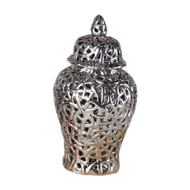 Jarrón de porcelana con forma de jengibre y flores con tapa, adorno decorativo delicado. Plata