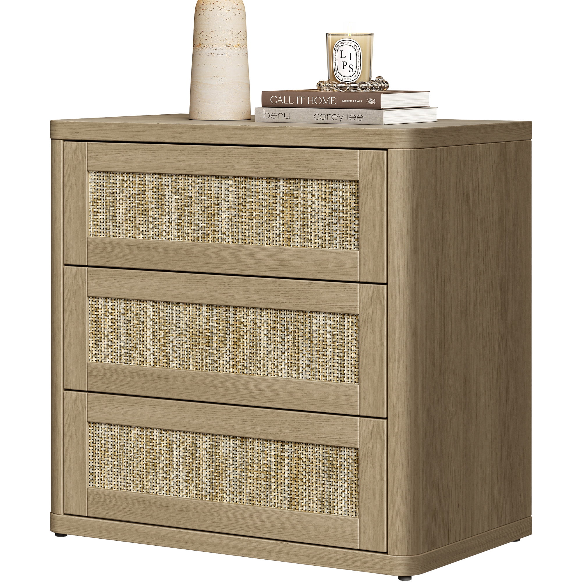 SICOTAS 26.77"W Boho 3-Drawer Nightstand, Curved Rattan Nightstand Dresser with Pop-up Drawers & Slide Rails, Farmhouse Bedside Table, End Side Table for Bedroom, Living Room, Natural Oak