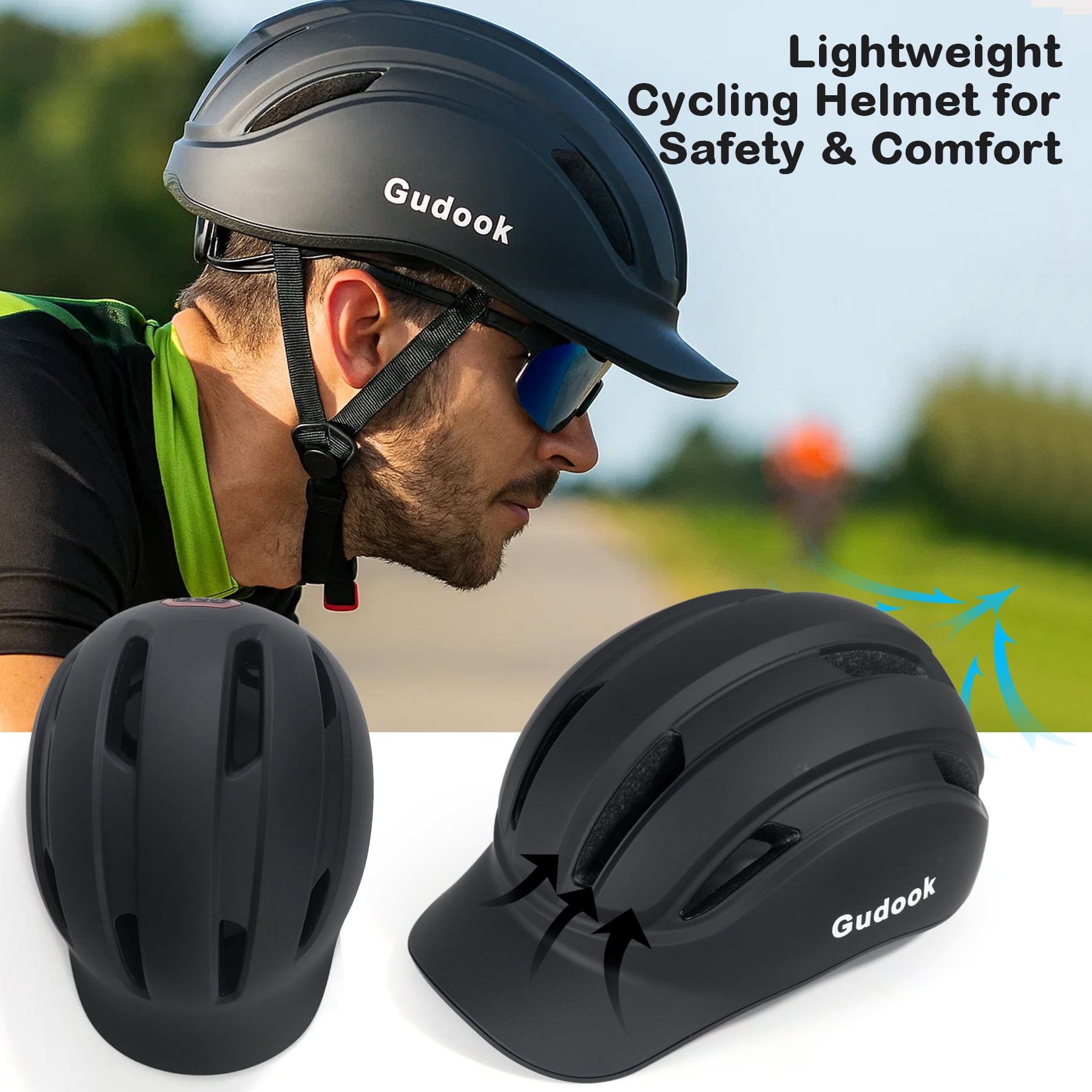 Gudook Adult Bike Helmet for Men - Women Bicycle Helmet with LED Rear Light - Certified Comfort Adjustable Baseball Cap Style Cycling Helmets for Urban Commuter Road Biking Scooter