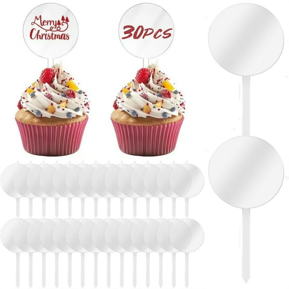 Scheam Blank Cupcake Sticks for Toppers Round Acrylic Cake Signs Personalized Dessert Topper Sticks DIY Baking Decorations for Christmas Party Wedding Birthday Table Decor 30 Pcs Clear