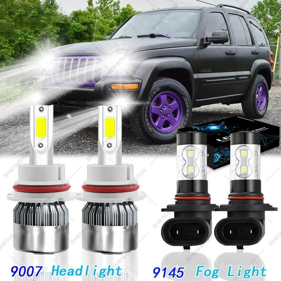 For Jeep Liberty 2002 2003 2004 Headlights 9007 LED High and Low Beam 9145 Fog Light 4pc
