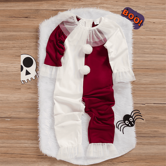 ZEHJUHAN Halloween Clown Inspired Toddler Baby Cosplay Jumpsuit Outfit with Pom Poms & Lace Trim Red White,4Y