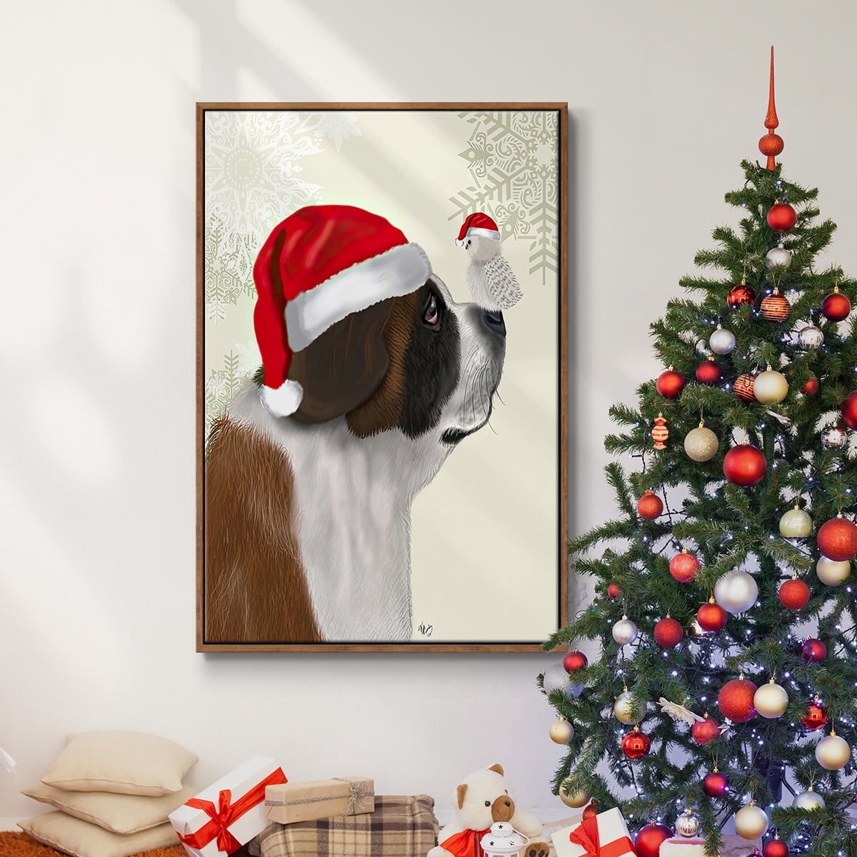 Christmas St Bernard and Fluffy Owl - Framed Gallery Wrapped Holiday Canvas - 25 x 37 - Rosewood Frame