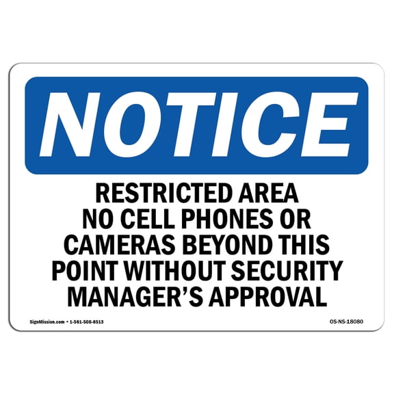 OSHA Notice Sign - Restricted Area No Cell Phones Or Cameras | Plastic Sign | Protect Your Business, Work Site, Warehouse & Shop Area |  Made in the USA