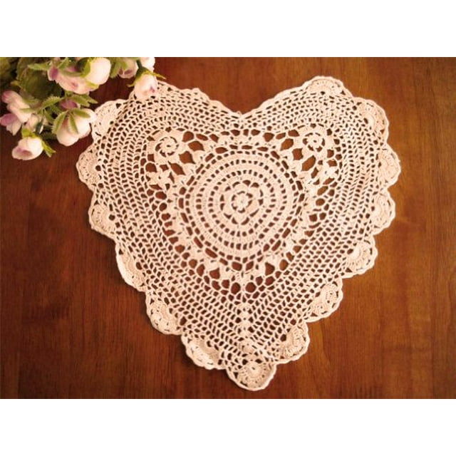 Handmade Crochet Lace Heart Shape Traycloths Doilies, 12inch, Beige