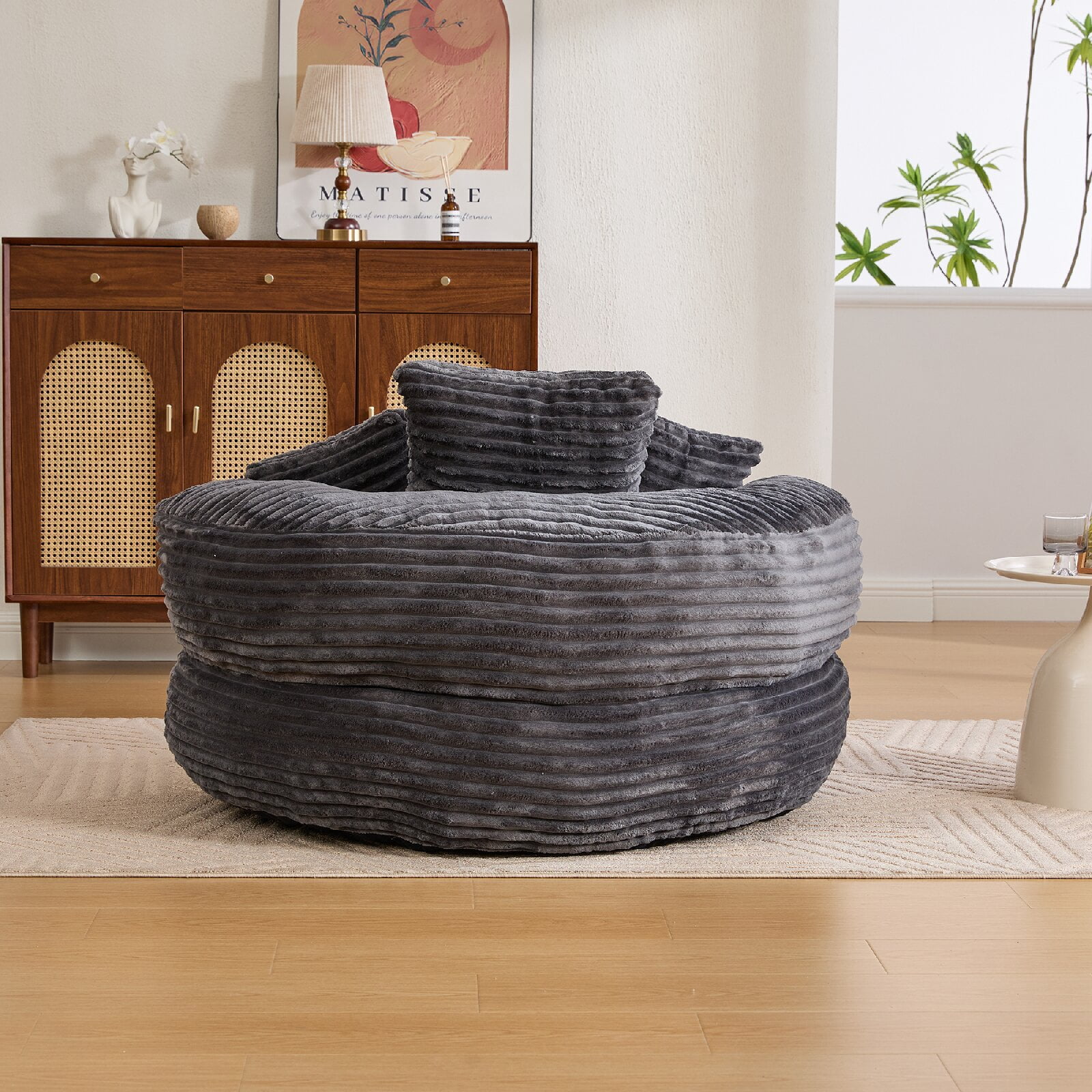 Oversized Corduroy Bean Bag Chair with 3 Pillows and Armrest, Corduroy Bean Bag Chairs Floor Lazy Couch Sofa with Foam Filler for Gaming, Reading ,Adults, Bedroom,  Living Room Dorm, Dark Gray