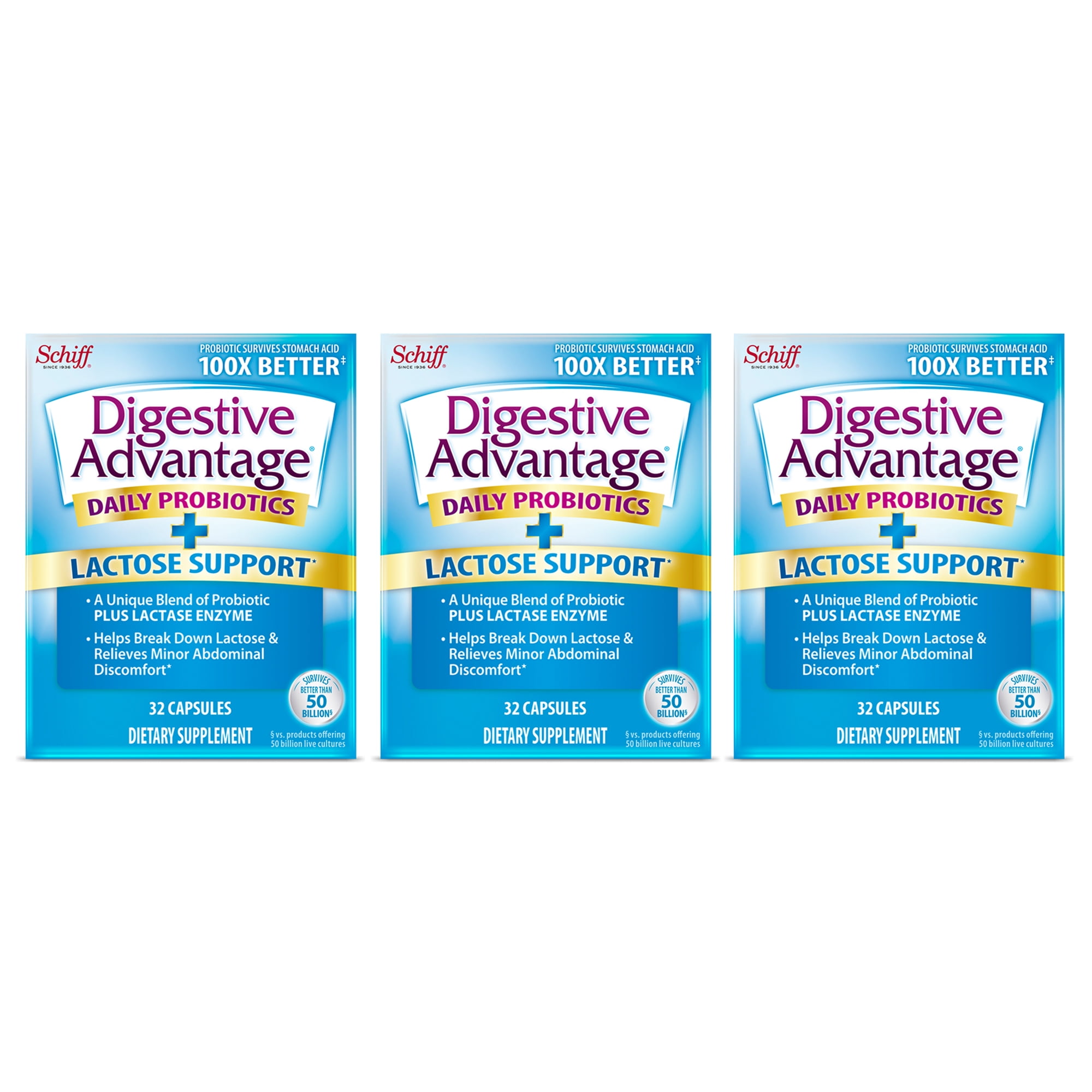 Digestive Advantage Daily Probiotics Lactose Support Plus Lactase Enzyme 32 Capsules (Pack of 3)