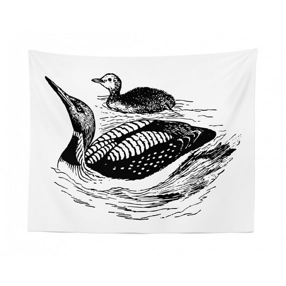Loon Tapestry, Monochrome Design of Loon Swimming Drawn by Hand Seabird Artwork, Fabric Wall Hanging Decor for Bedroom Living Room Dorm, 2 Sizes, Charcoal Grey and White, by Ambesonne