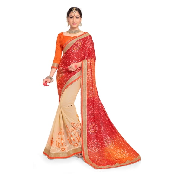 Elina fashion Sarees for Women Faux Georgette Embroidered Saree l Indian Wedding Ethnic Sari & Blouse Piece (Red & Beige)