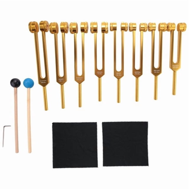 Weighted Acoustic Tuning Fork Set for Sound Therapy Slider Design Silver Gold Multiple Frequencies