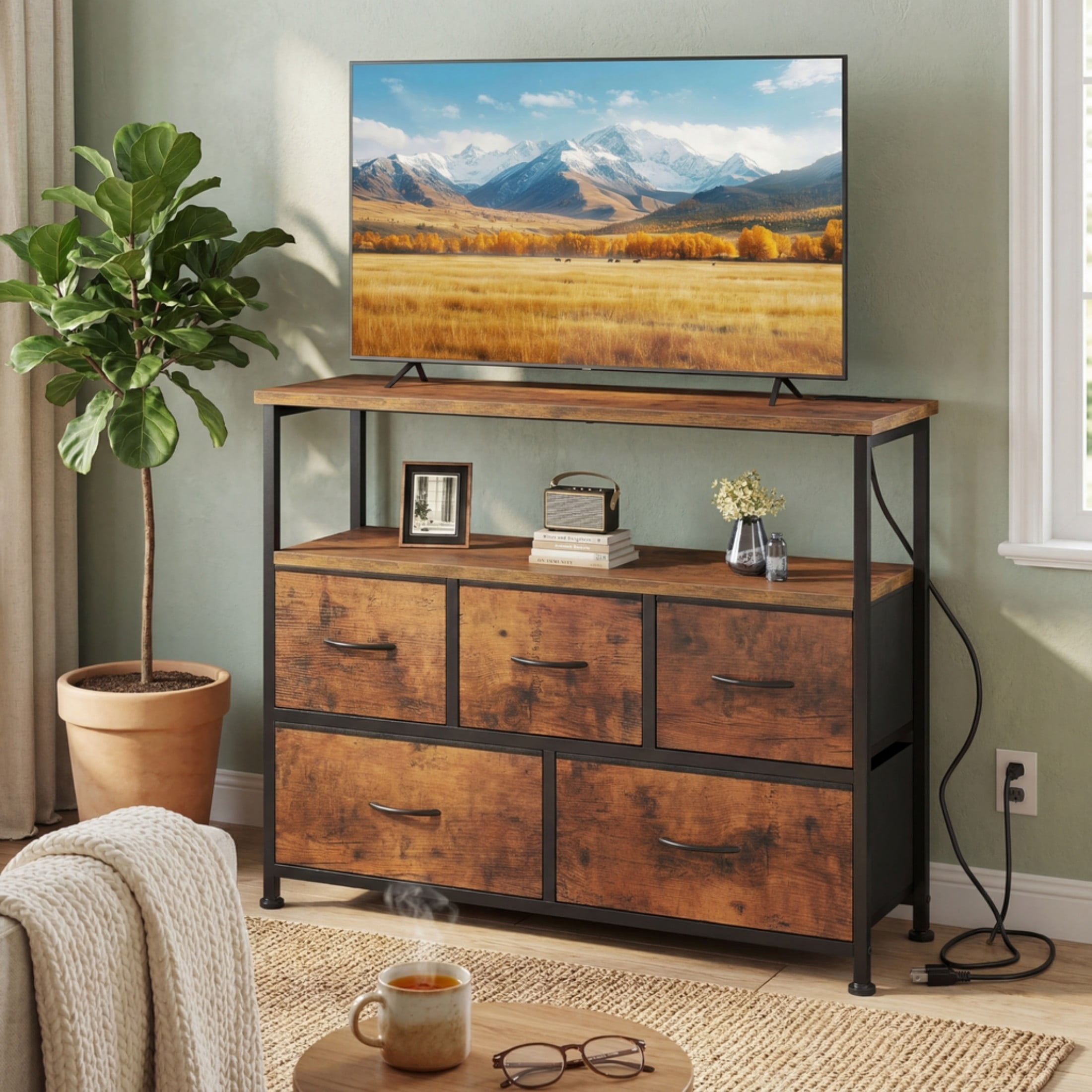 CONCETTA 39.3'' 5 Drawer Dresser with Charging Station, Fabric Storage Chest of Drawers for Bedroom, Living Room, Entryway, Rust
