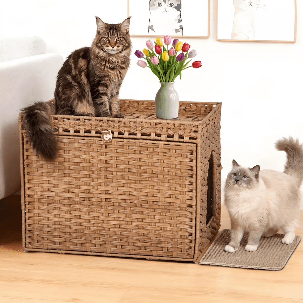 Handwoven Rattan Cat Litter Box Enclosure Cabinet - Large Indoor Litter Washroom Furniture with Mat & Fence - Elegant Hidden Cat Solution for Living Room or Apartment