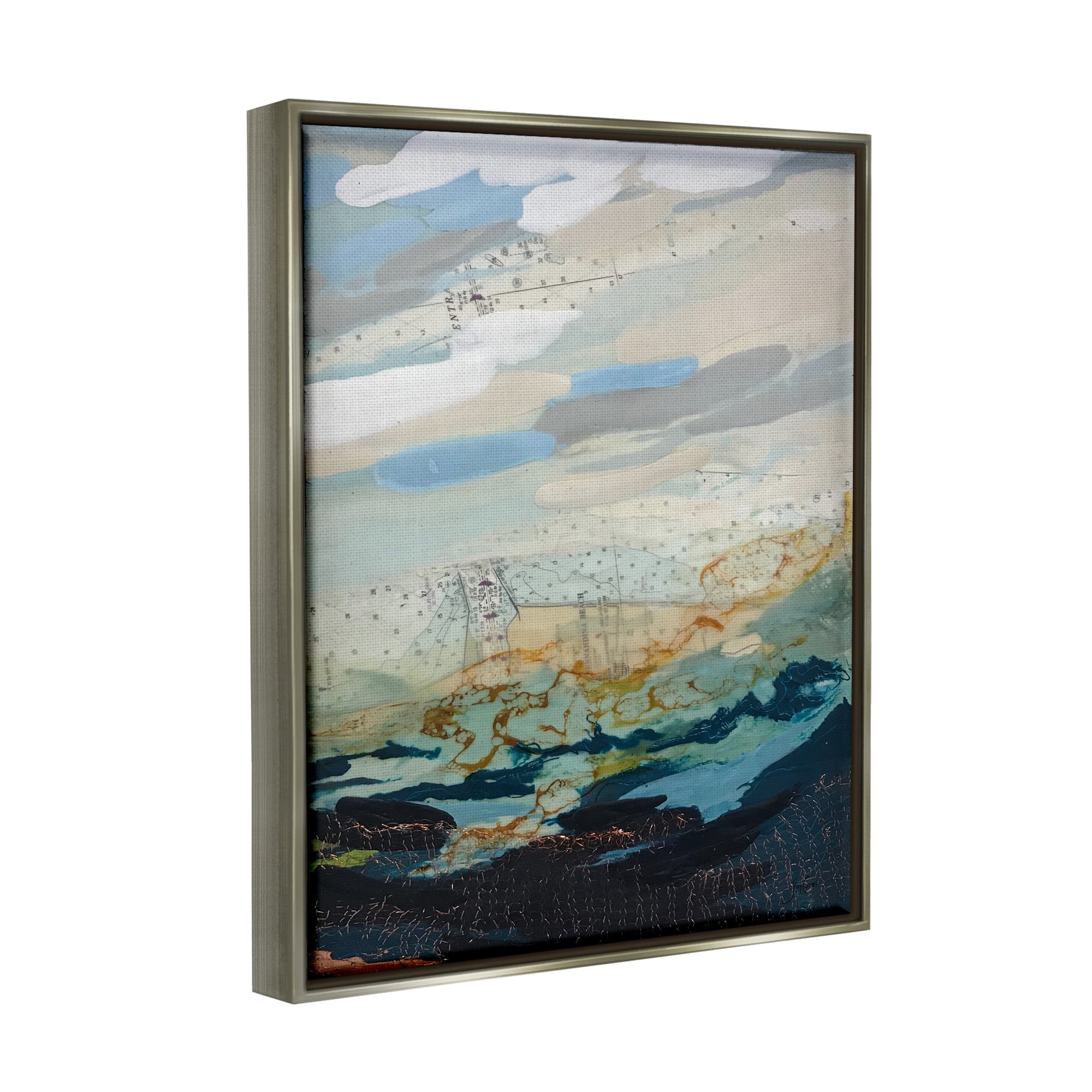 Stupell Industries Nautical Landscape Abstract Ocean Layered Map Collage Painting Luster Gray Floating Framed Canvas Print Wall Art, Design by Stacy Gresell