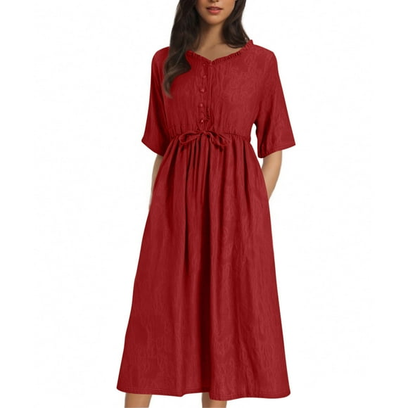 LOVZFMLL Women's Summer Midi Dresses 2025 Casual Short Sleeve V Neck Buttons Belted Ruffle A-Line Flowy Dresses with Pockets Wine XL