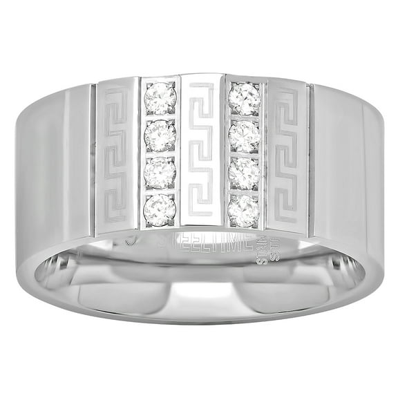 Stainless Steel Mens Cubic Zirconia Double Lines Greek Key Comfort-fit Fashion Band Ring Size 12 Wedding Band for Men