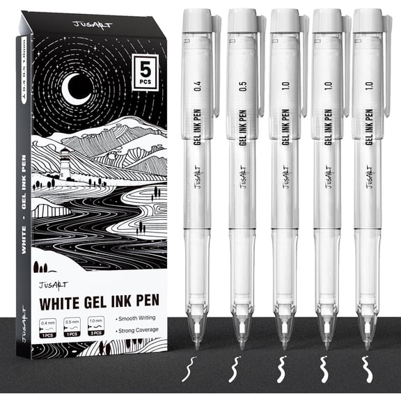 JusArt White Gel Pens with 0.4mm, 0.5mm & 1.0mm Assorted Tips, Opaque White Ink Pens for Black Paper, Drawing, Journaling & DIY Crafts, Ideal Drawing Pens for Artists & Art Supplies, 5 Pack
