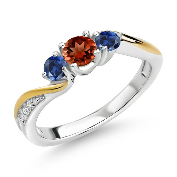 Gem Stone King 925 Silver and 10K Yellow Gold Red Garnet Blue Created Sapphire and White Lab Grown Diamond 3 Stone Engagement Ring for Women (0.68 Cttw, January Birthstone, Size 6)