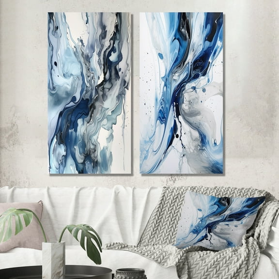 Designart "Blue And Grey Ethereal Elixir IX" Abstract Wall Art Set Of 2 - Blue Abstract Canvas Set For Living Room Decor