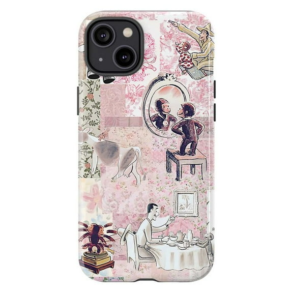 Curious Monkey Vintage Collage Phone Case, Whimsical Pink Floral & Retro Design iPhone Cover, Classic Cartoon Art for iPhone 16 15 14 13 12 11 Pro Plus Max Mini