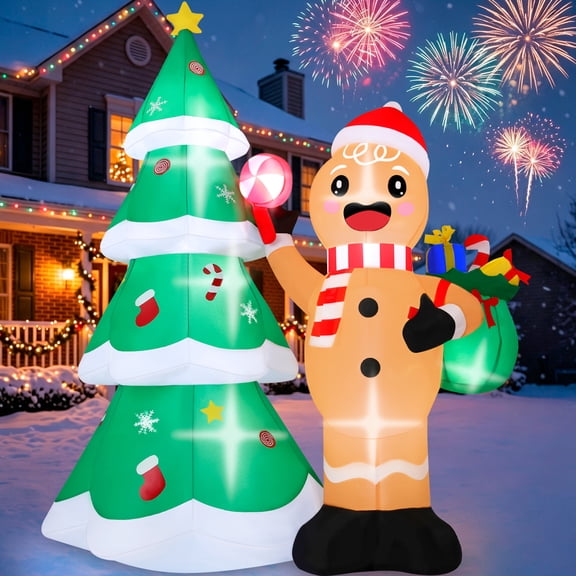 Firstness 6.3ft Tall Christmas Inflatables, Gingerbread Man and Christmas Tree Blow ups with LED Lights for Outdoor Yard Lawn Decorations