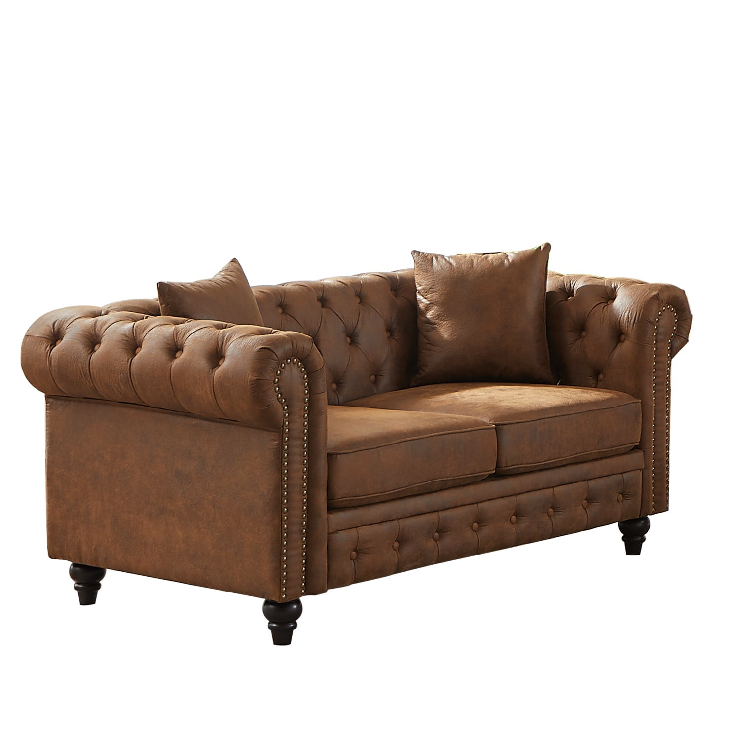 Hommoo 83.5"W Luxury Tech Fabric Chesterfield Loveseat, 2-Seater Sofa Couches with Button Tufted Design &Rolled Arms, Brown