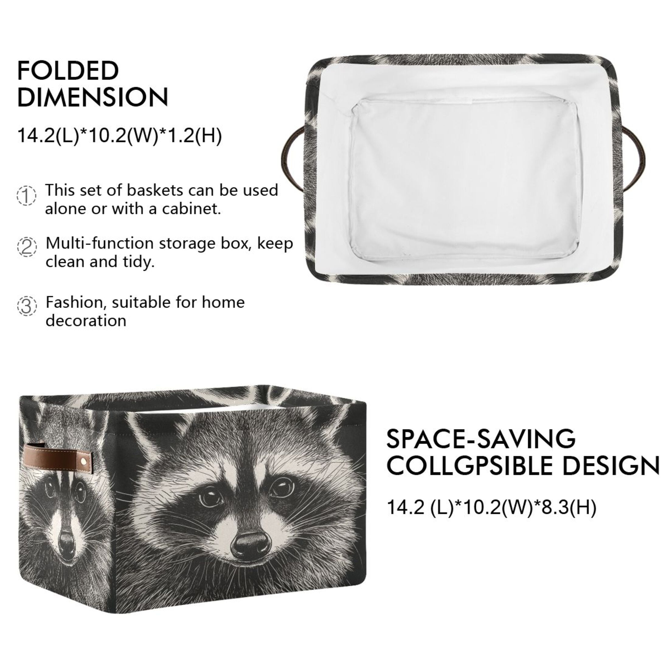 An Adorable Raccoon Foldable Storage Basket,Canvas Fabric Foldable Storage Bins with Handles Open Home Storage Bins Boxes for Toy Book Shelf Closet Baskets