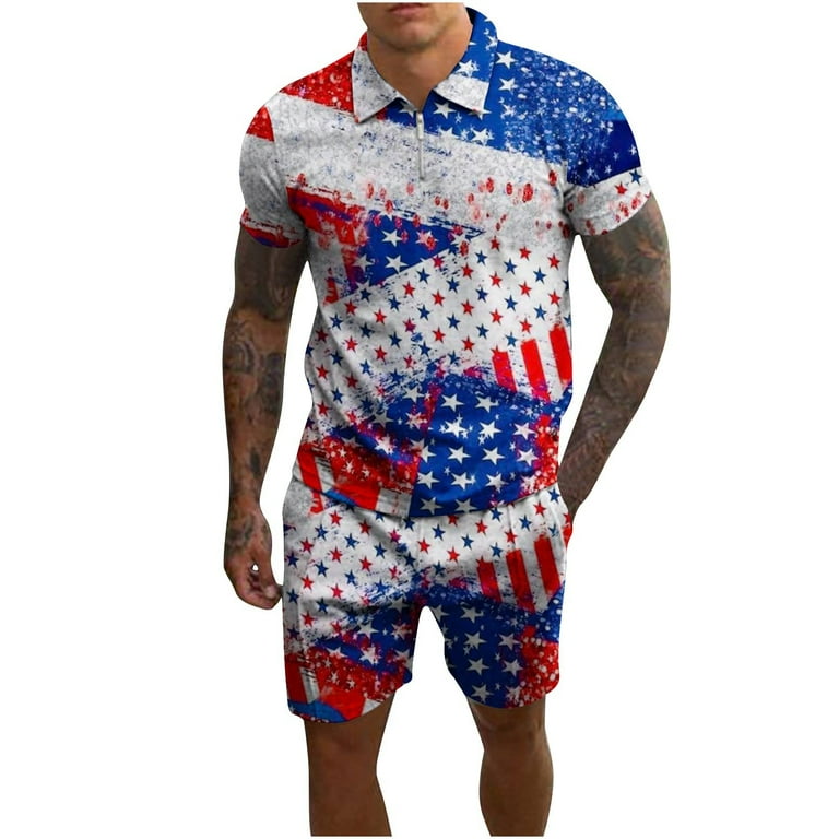 cllios Men's 4th of July Outfits 2 Piece Patriotic American Flag