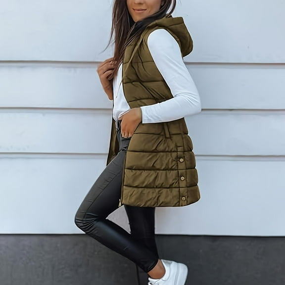 HOMBOM Womens Warm Puffer Vest Sleeveless Brown Jackets Hooded with Pockets Overcoat Long Full Zip for Women Lightweight