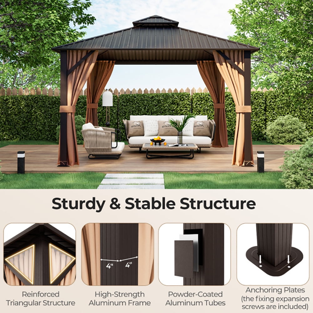 Aimee Lii 12 x 12 Feet Double-Roof Patio Hardtop Gazebo with Steel Roof Netting and Curtains, Canopy Gazebo for Party BBQ Events, Coffee