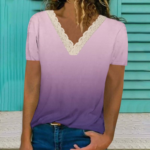 Wiyuqeen Women's Casual Lace V Neck T-shirts Gradient Color Short Sleeve Blouses 2024 Plus Sized Loose Fit Summer Shirts