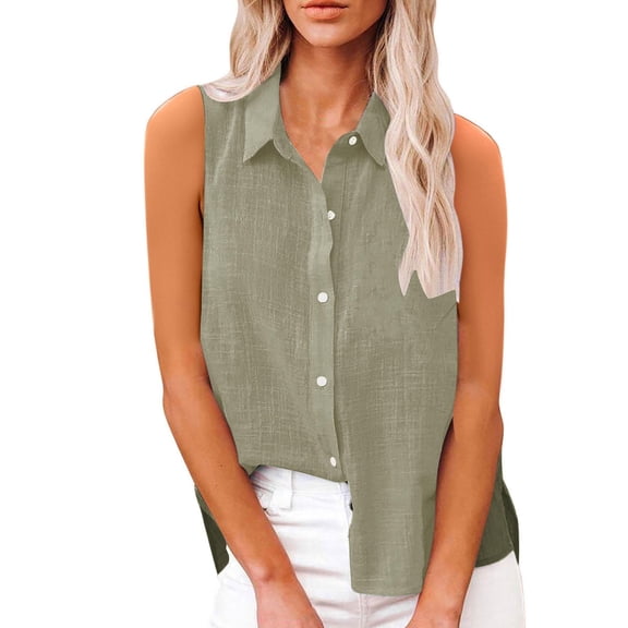 New summer arrivals Olyvenn Cotton Linen Shirts for Women Sleeveless Collared Tops Oversized Button Up Blouses Work Shirts Casual Summer Tshirt Army Green XXL