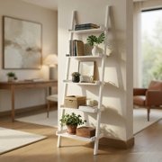 Resenkos Bookshelf,Shelf, Open Bookcase Book Shelf,Storage Shelf Unit Plant Stand, 5-Tier Wall-leaning Ladder Shelf Display Rack for Plants and Books-White