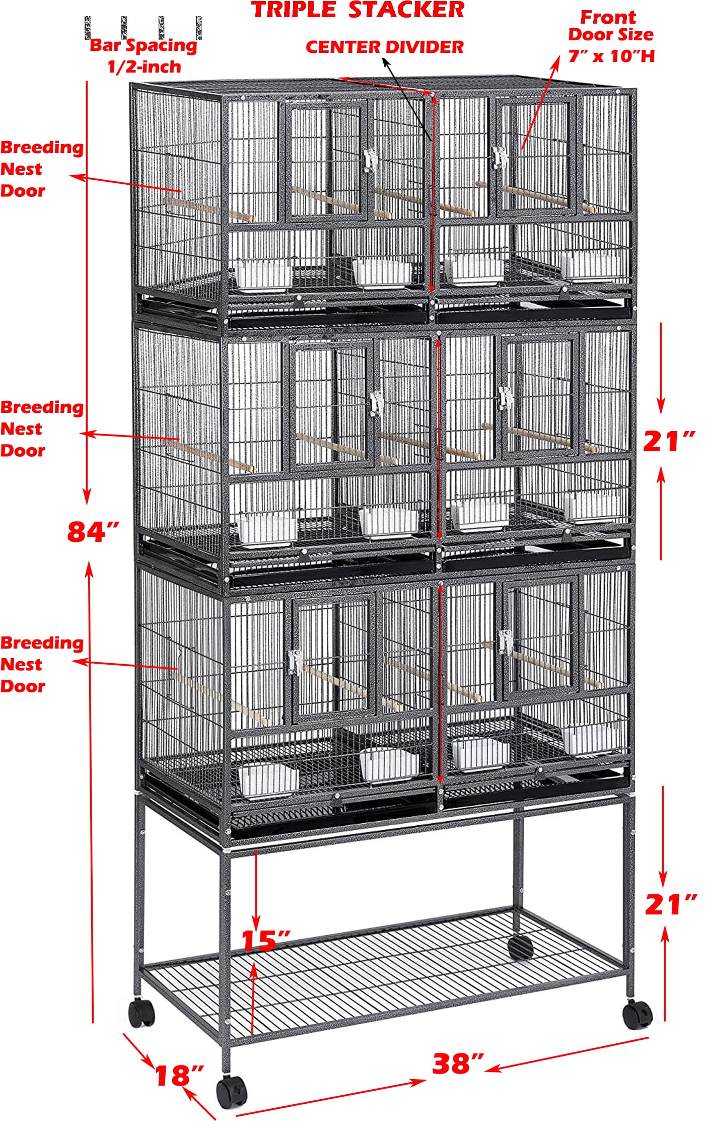 Triple Story Stackable Center Divided Breeder Breeding Bird Flight Rolling Cage With Side Breeding Nest Doors for Canaries Cockatiels Lovebirds Finches Budgies Small Parrots