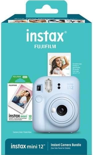 Fujifilm Instax Mini 12 Blue Holiday Bundle 2023 - Includes Camera, Film, Photo Album, DIY Booklet, Hand Strap, 2 AA Batteries & Cleaning Cloth