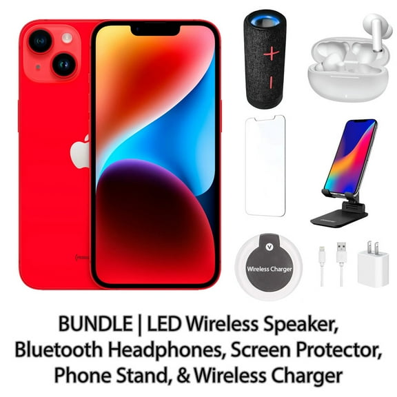 Restored Apple iPhone 14 128GB Red Fully Unlocked Bundle with LED Wireless Speaker, Bluetooth Headphones, Screen Protector, Wireless Charger, & Phone Stand (Refurbished)