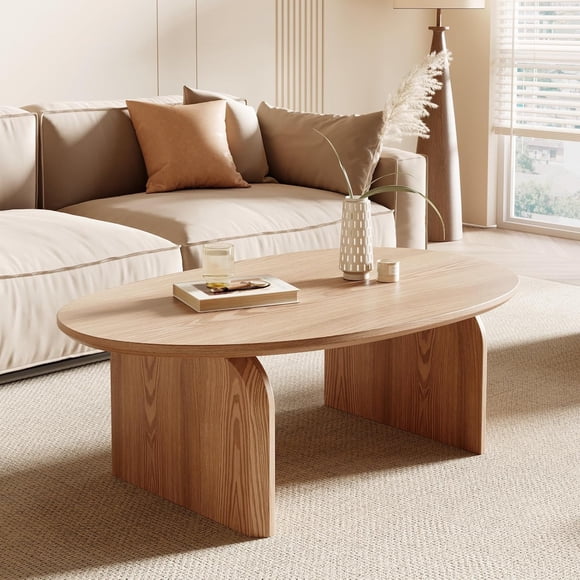 unbranded Modern Oval Coffee Table, Small Coffee Tables for Living Room - Oak Wood Top with Solid Legs, Wooden Center Table Easy Assembly for Living Room &Bedroom,Office, Natural