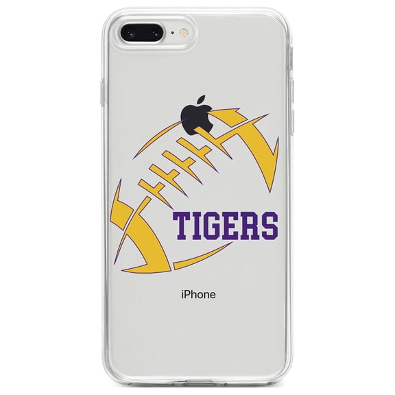 DistinctInk Clear Shockproof Hybrid Case for iPhone 7 PLUS / 8 PLUS (5.5" Screen) - TPU Bumper, Acrylic Back, Tempered Glass Screen Protector - Tigers Football - Purple, Gold